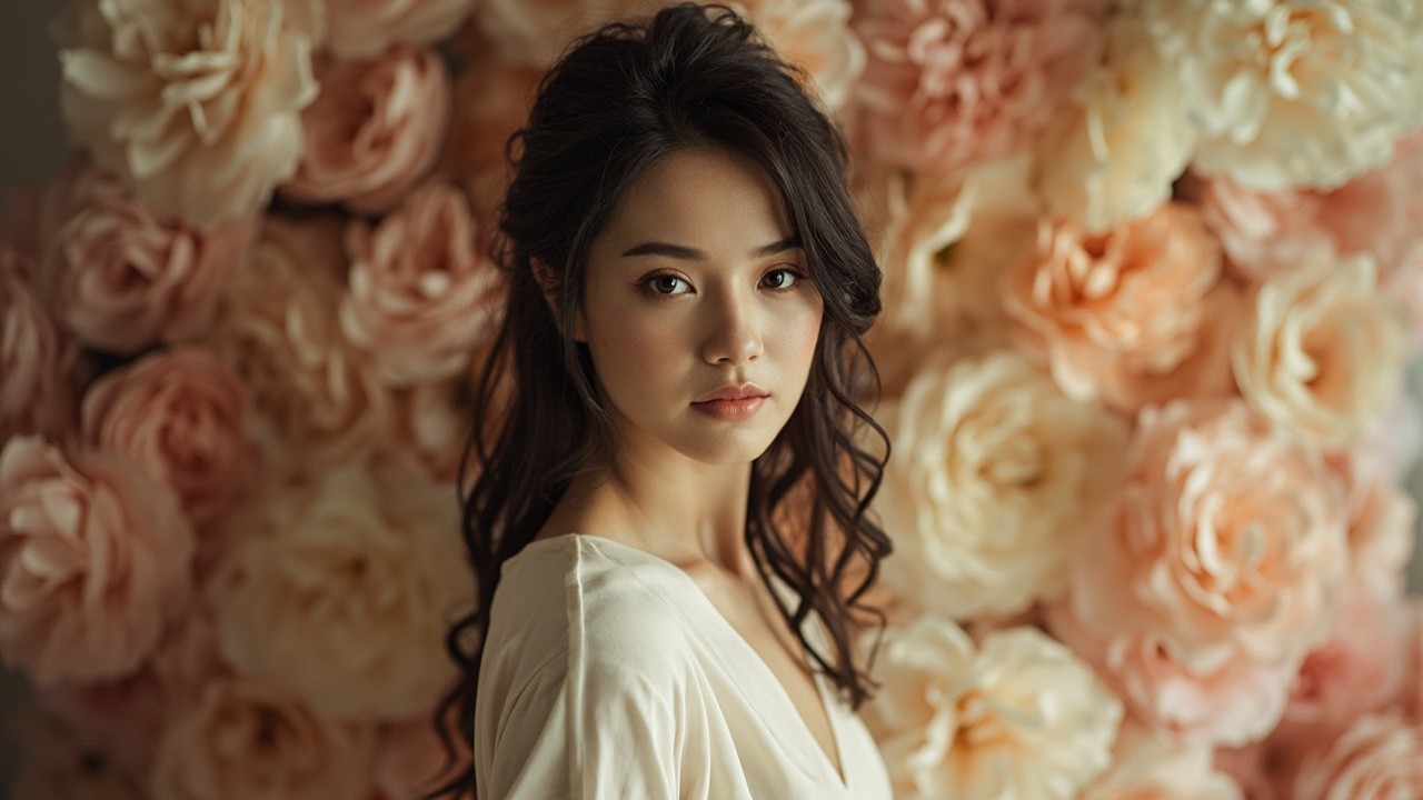 Slavic Woman with Long Hair Amidst Pastel Flowers