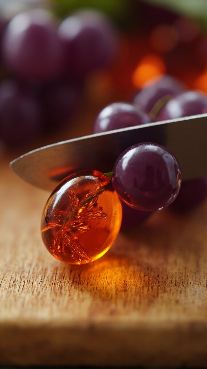 Slicing Glass Fruit on Wooden Board in Soft Light