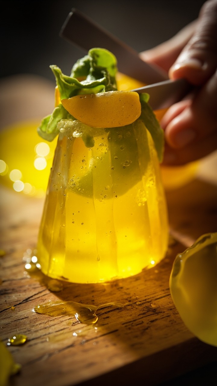Slicing a Translucent Jelly Lemon on Wooden Board