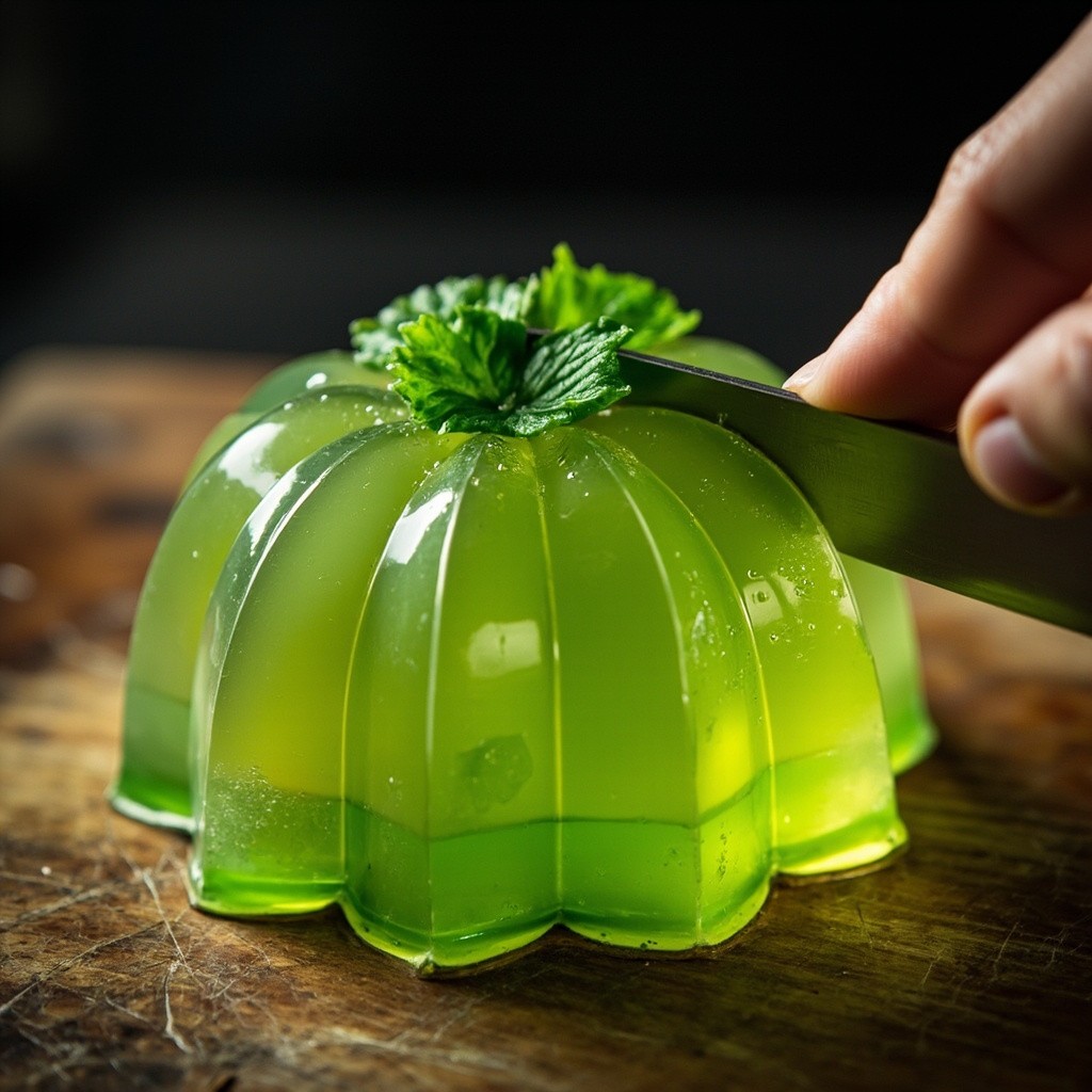 Slicing a Translucent Lemon Jelly with Green Leaves Slicing a Translucent Lemon Jelly with Green Leaves