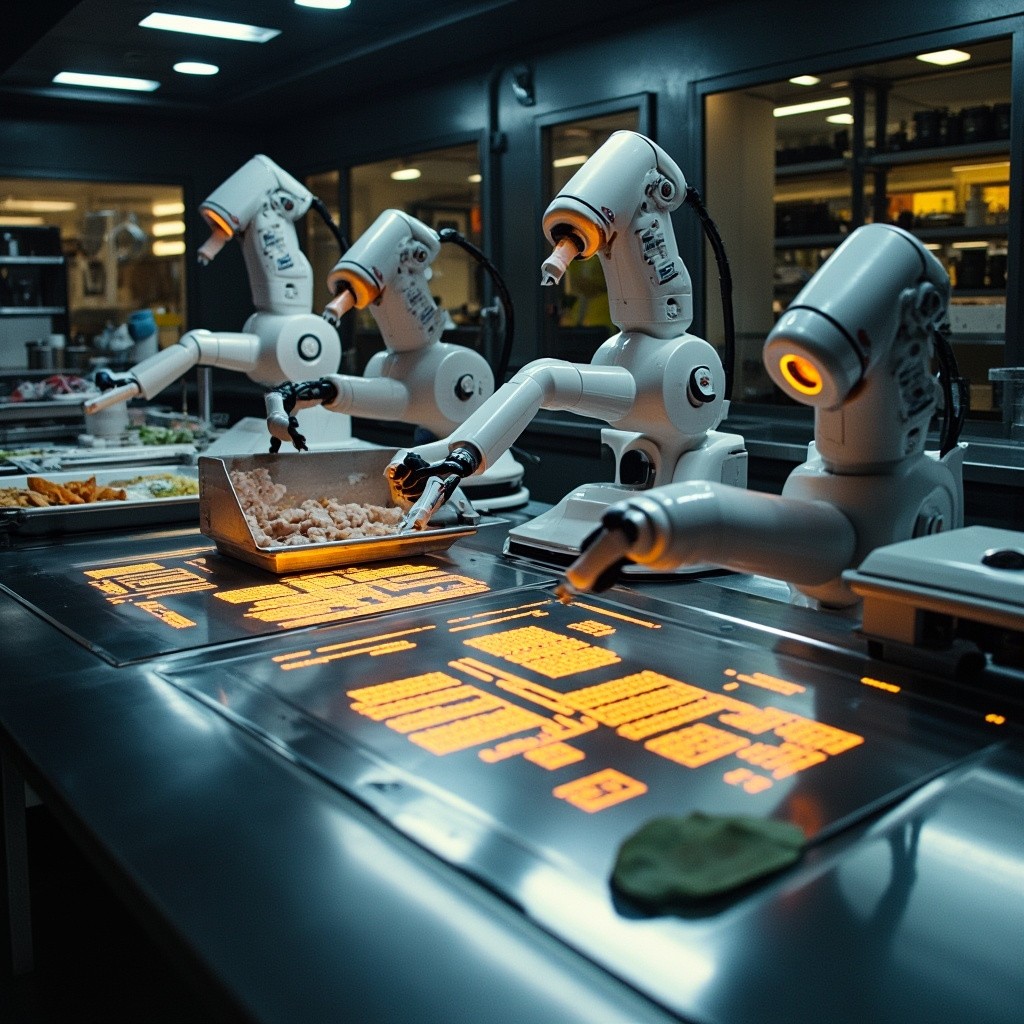 Smart Kitchen with Robotic Arms Preparing Food