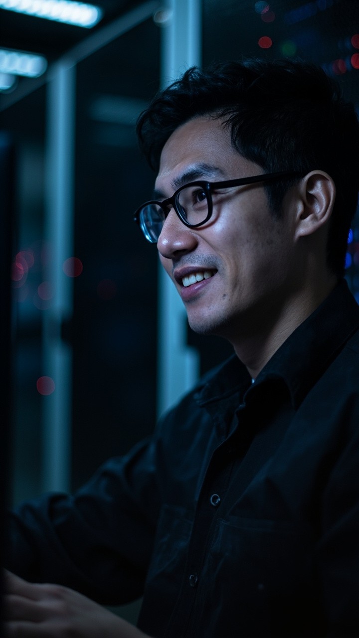 Smiling Asian Engineer Debugging Software in Server Room
