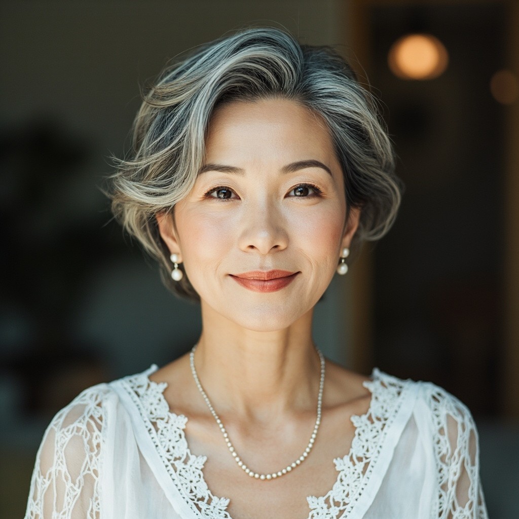 Smiling East Asian Woman in Lace Blouse Portrait