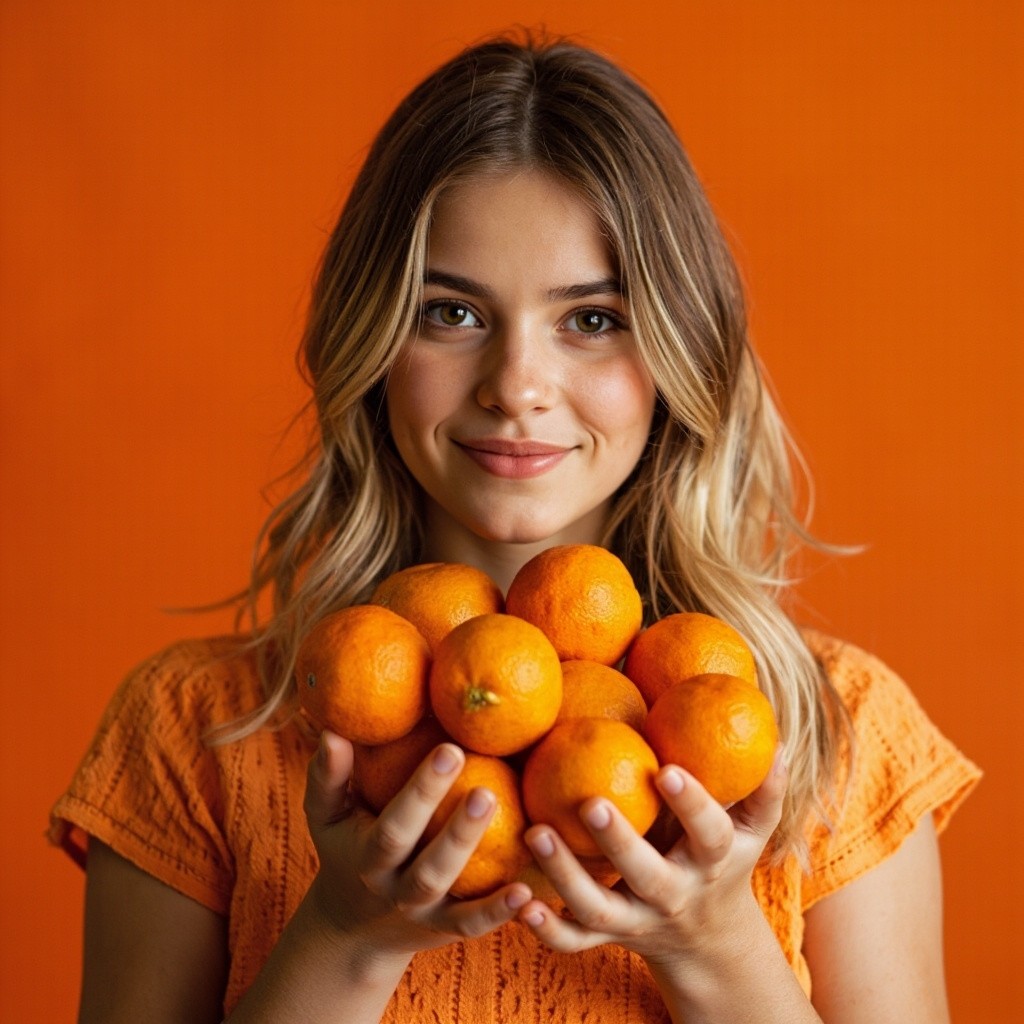 Smiling Russian Model Holding Oranges, Orange Backdrop