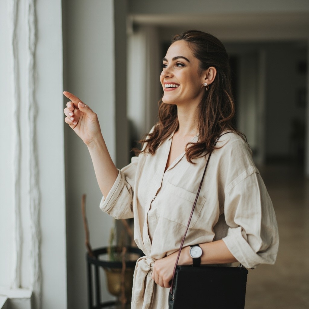 Smiling Woman with Laptop Pointing Right