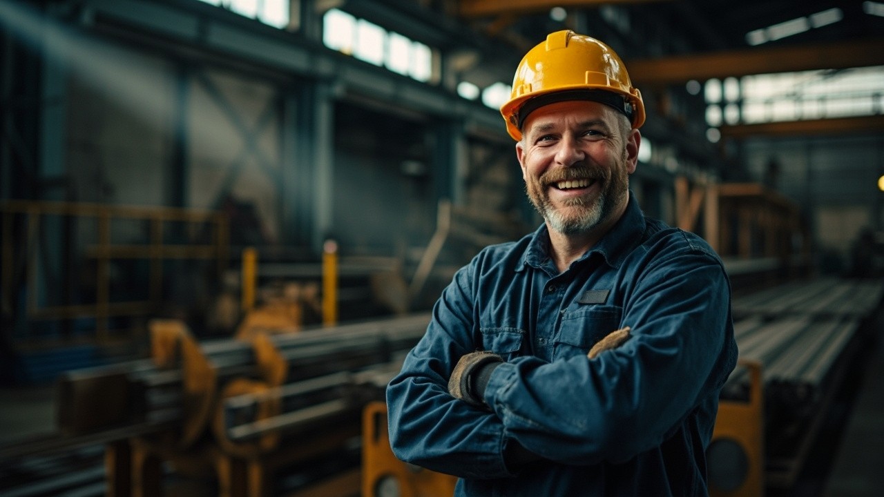 Smiling Worker by Rebar Machine in Steel Factory