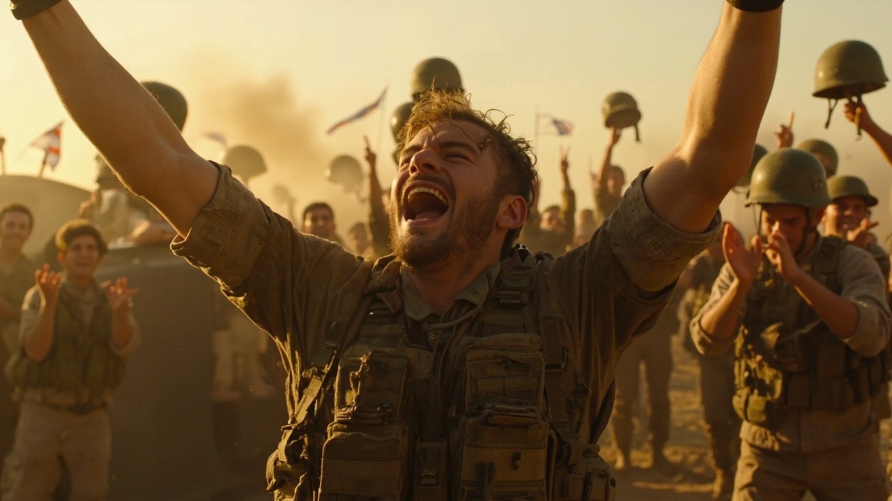 Soldier's Joyous Victory Celebration at Military Outpost