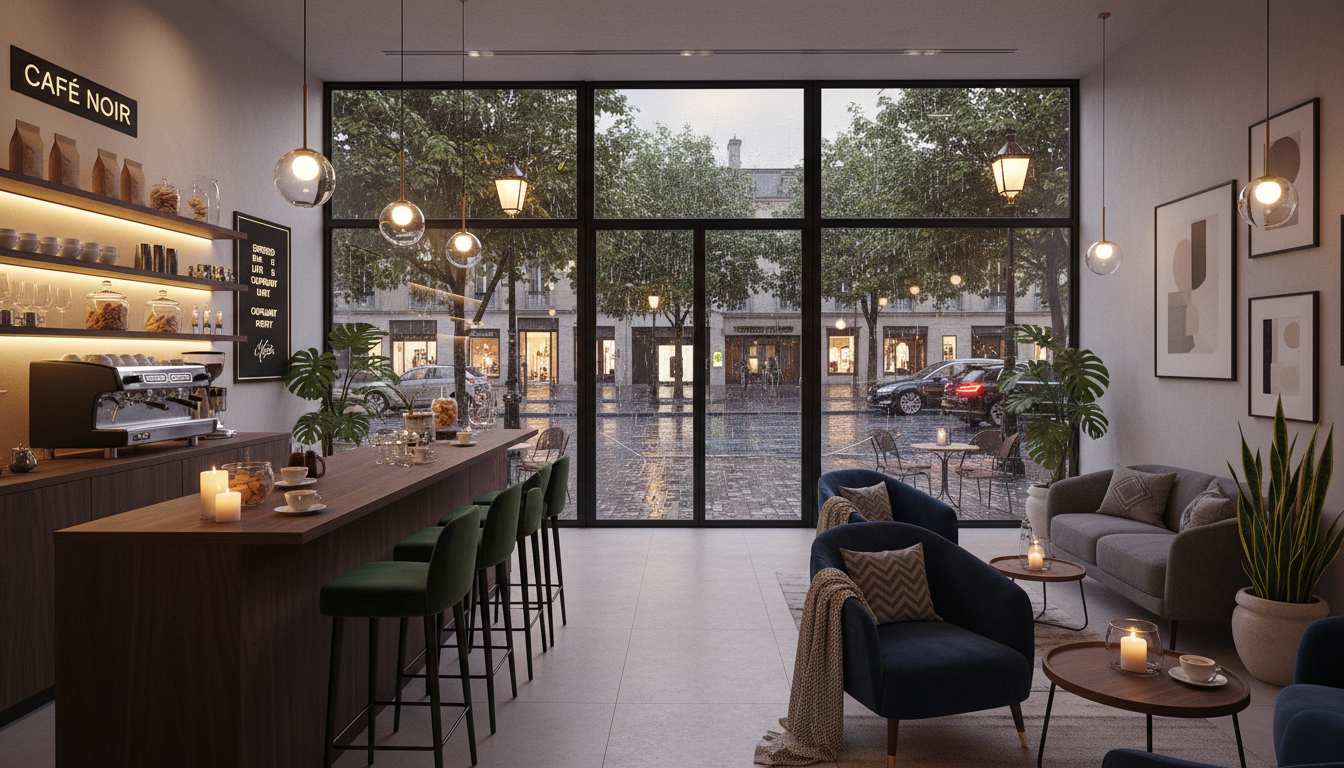 Sophisticated and modern urban café interior at dusk. Sophisticated and modern urban café interior at dusk.
