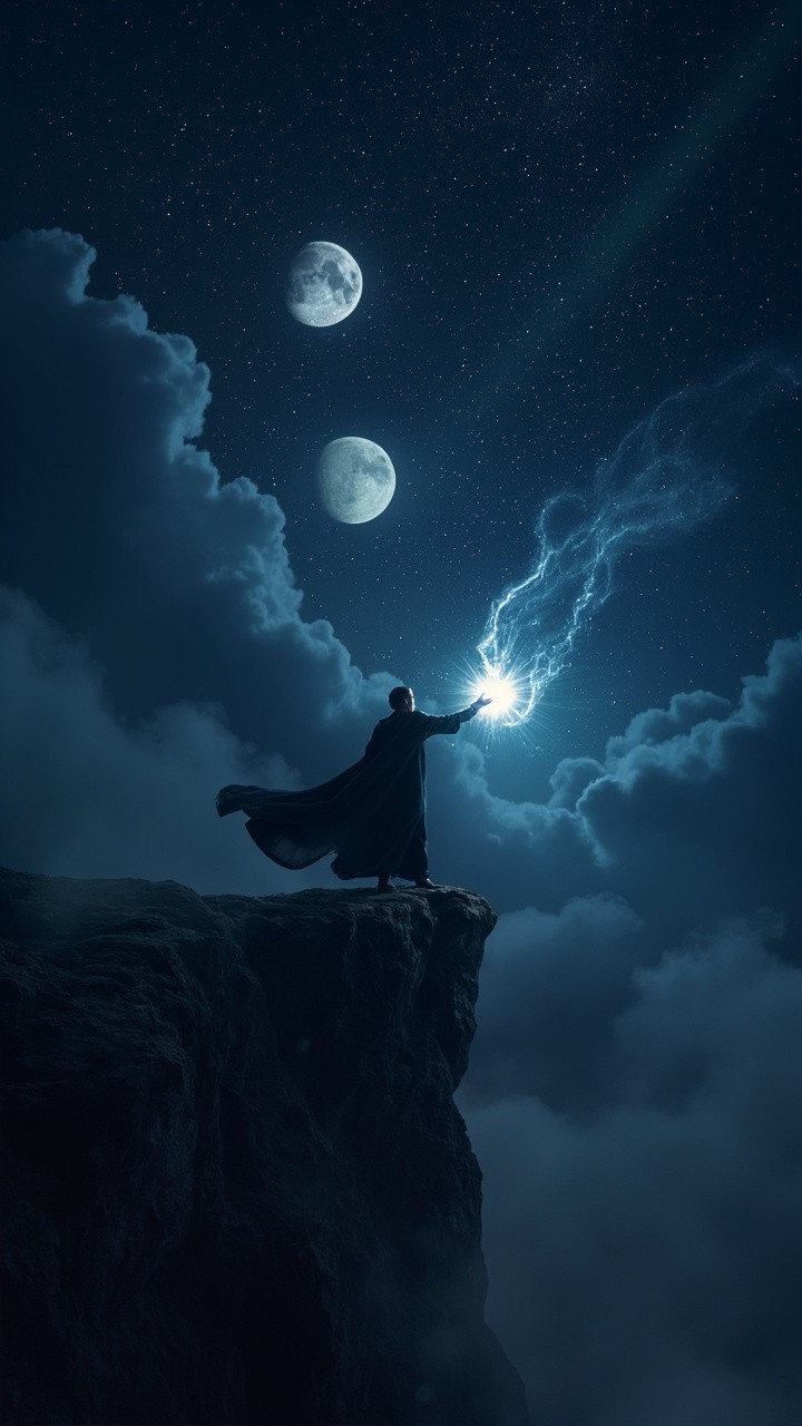 Sorcerer Casting Spell under Twin Moons and Stars
