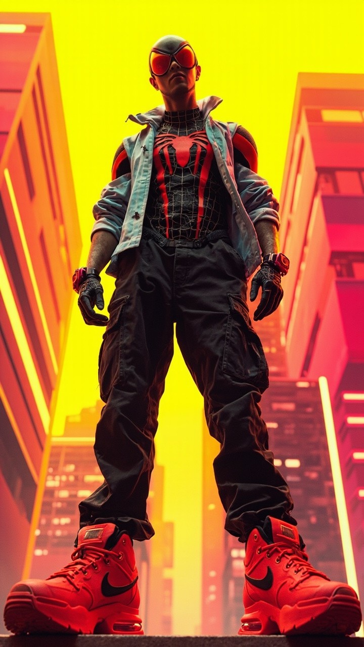 Spider-Man's Futuristic Urban Style in Vibrant Cyberpunk City