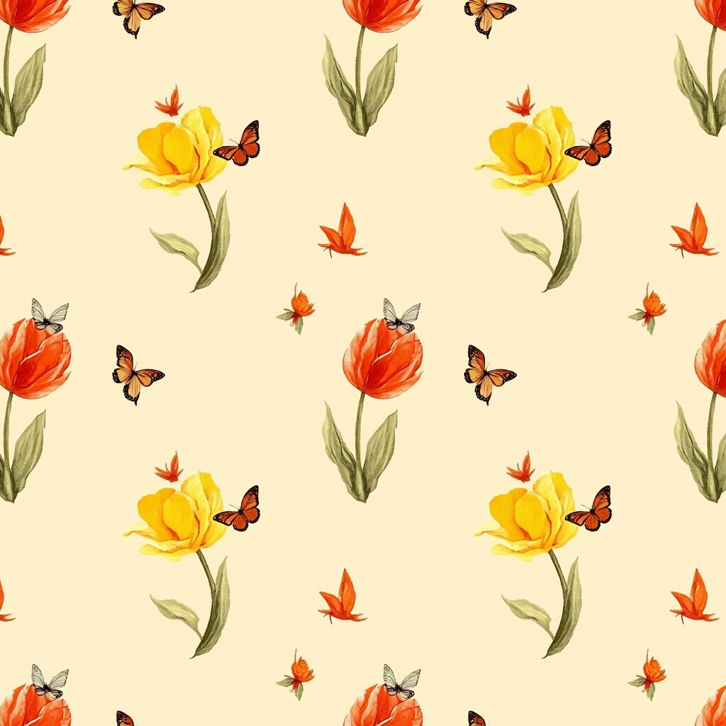 Springtime Tulips and Butterflies in Soft Watercolors