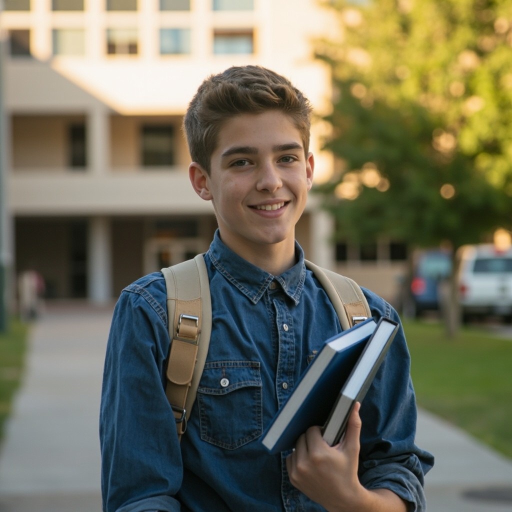 Student with Books Outside School in Afternoon Sunlight