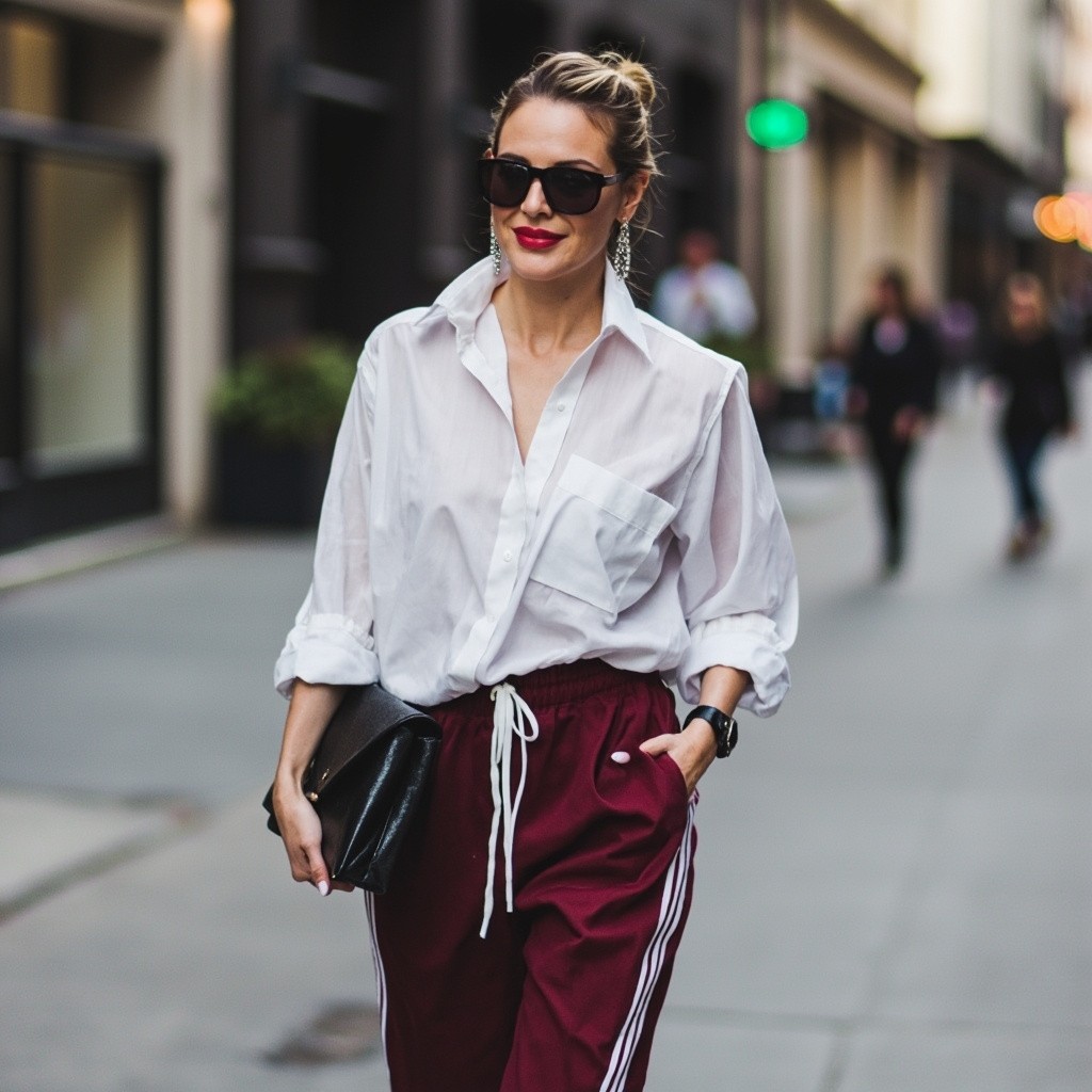 Stylish 40-Year-Old Woman in Adidas Track Pants