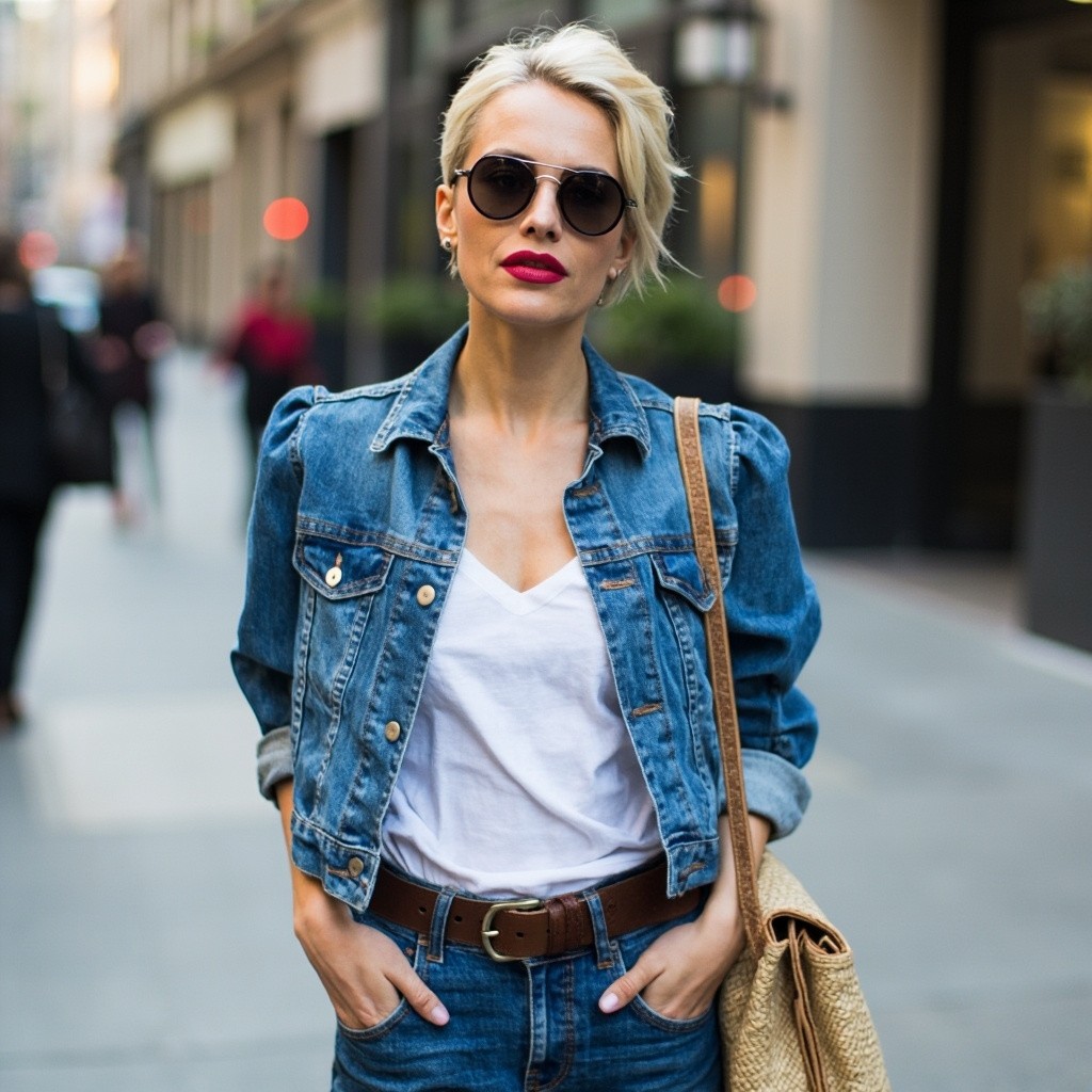 Stylish Blonde Woman in Casual City Outfit