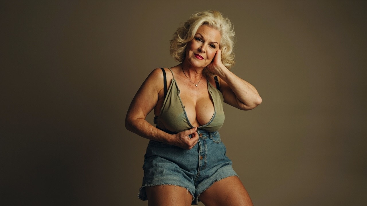 Stylish Elderly Plus-Size Woman Posing in Jeans and Bra