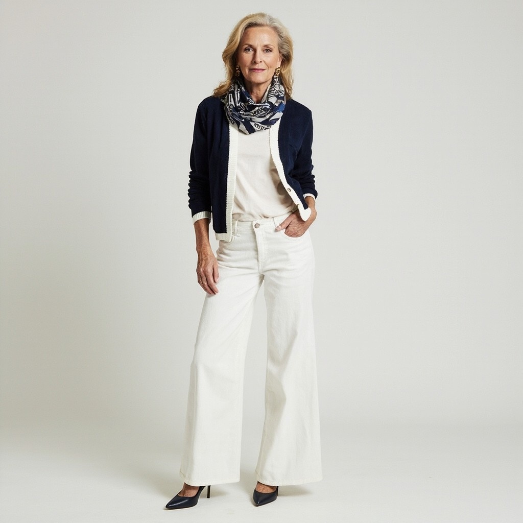 Stylish Elderly Woman in Nautical Themed Outfit