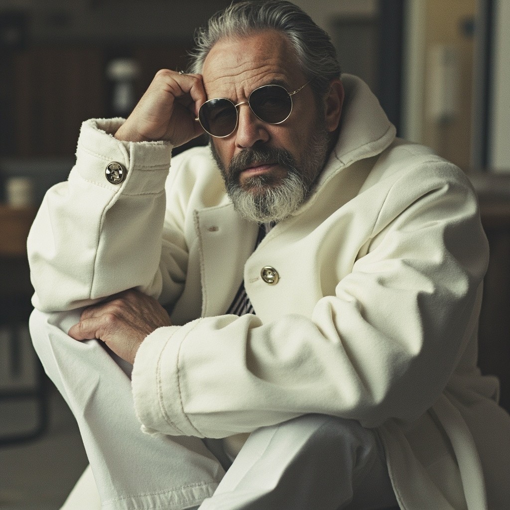 Stylish Man Leaning on Huge Object in White Outfit