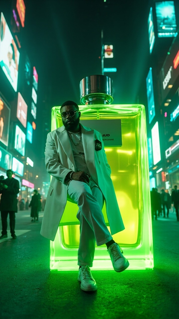 Stylish Man Showcasing Perfume in Futuristic City