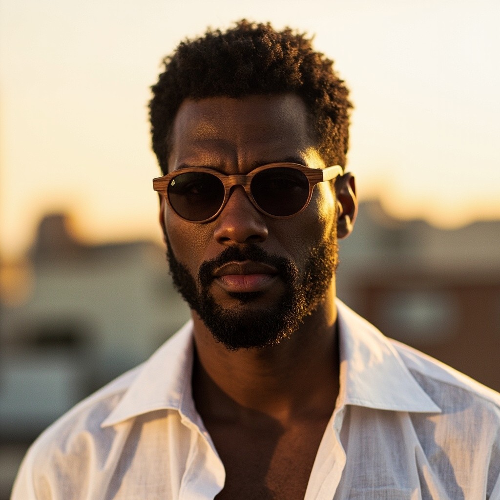 Stylish Man in Golden Sunlight on Urban Rooftop