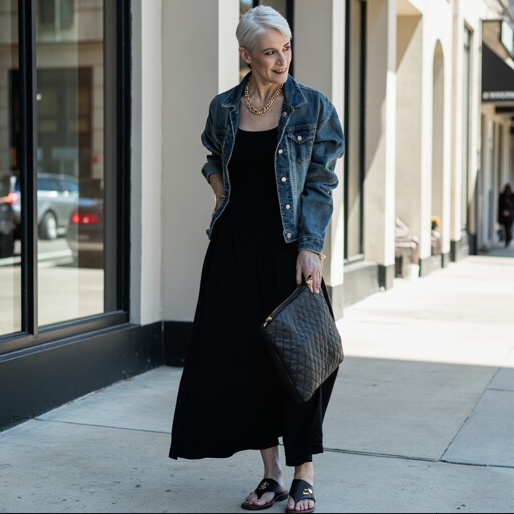 Stylish 40 Year Old Woman In Black Dress And Denim Jacket With Gold Stylish 40 Year Old Woman In Black Dress And Denim Jacket With Gold
