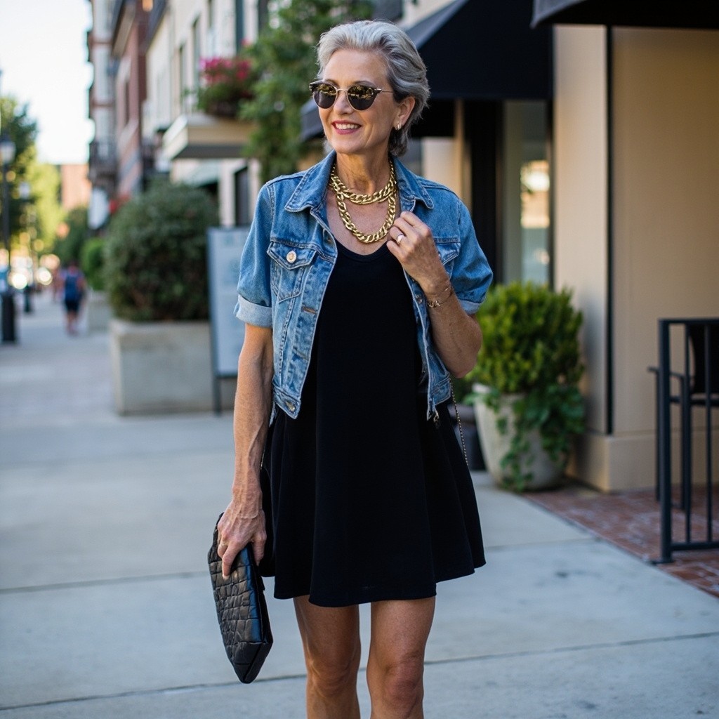 Stylish Middle-Aged Woman in Black Dress and Denim Jacket