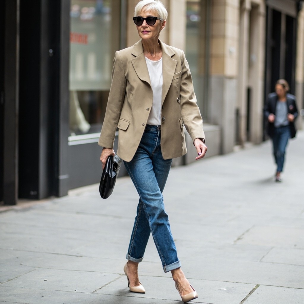 Stylish Middle-Aged Woman in Chic Denim Outfit
