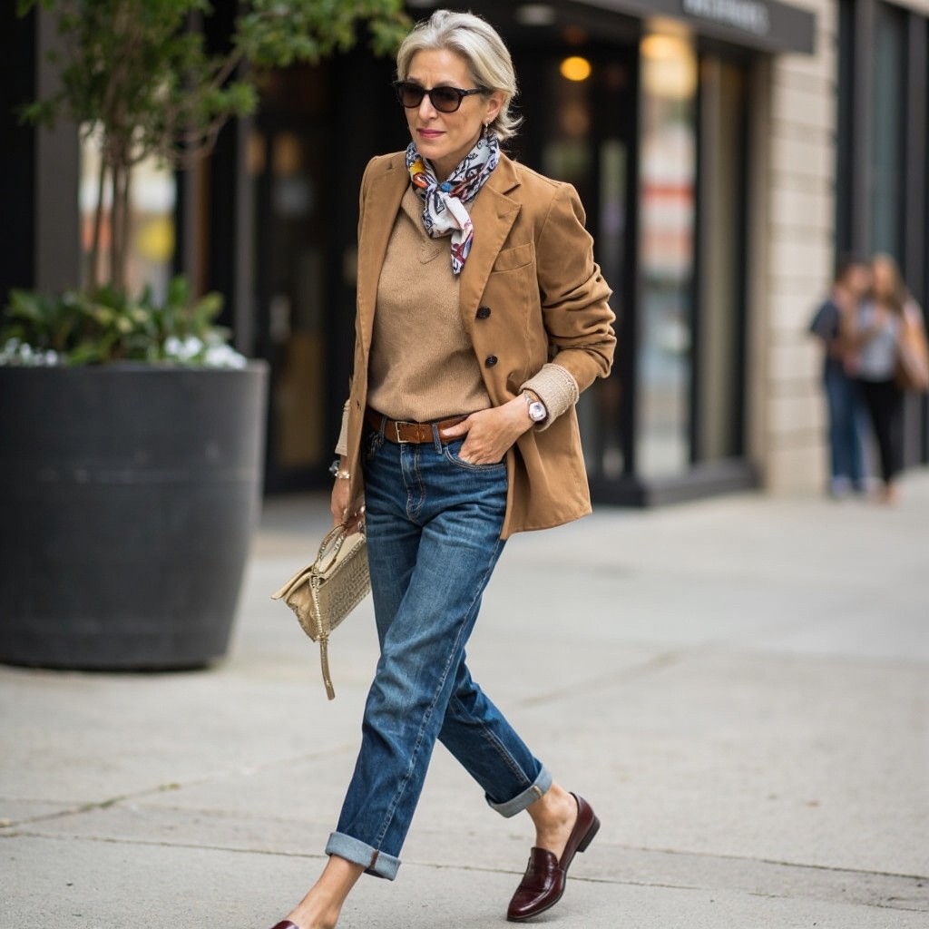 Stylish Middle-Aged Woman in Denim and Tan