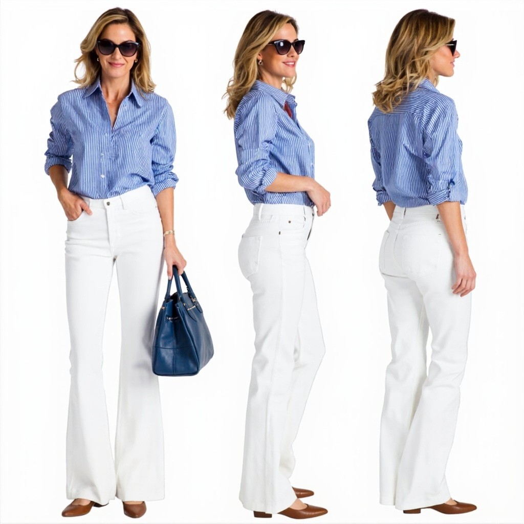 Stylish Middle-Aged Woman in Flared Jeans and Striped Shirt