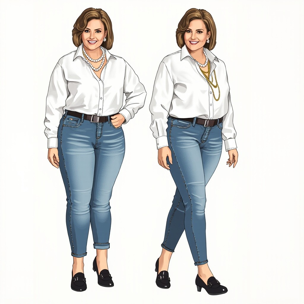 Stylish Middle-Aged Woman in Jeans and Pearls
