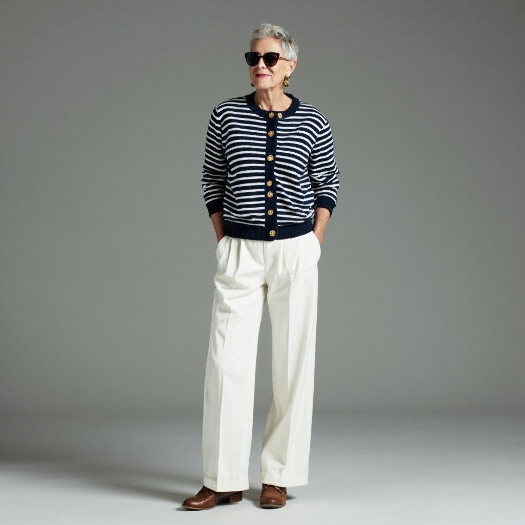 Stylish Middle-Aged Woman in Nautical-Themed Outfit