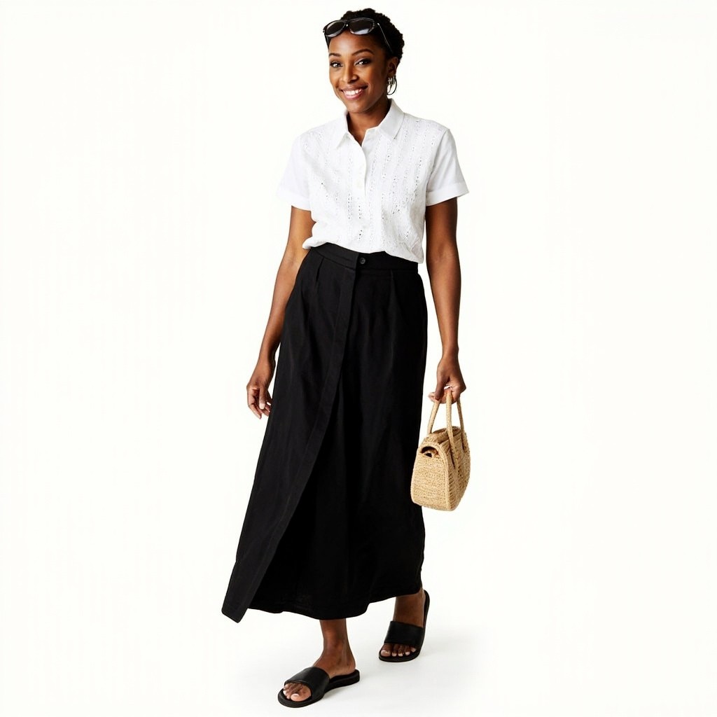 Stylish Middle-Aged Woman in Polo and Long Skirt
