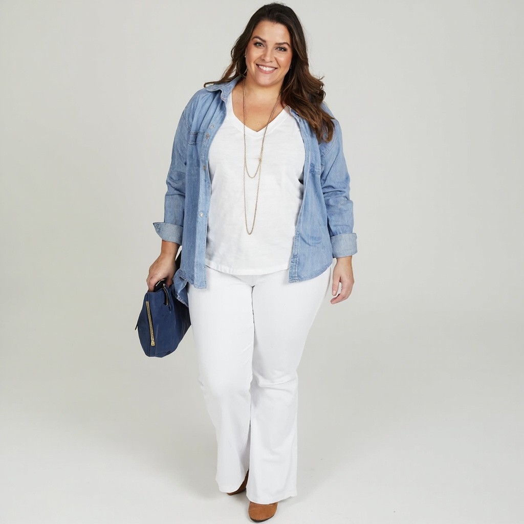 Stylish Middle-aged Lady in Casual Blue and White Outfit