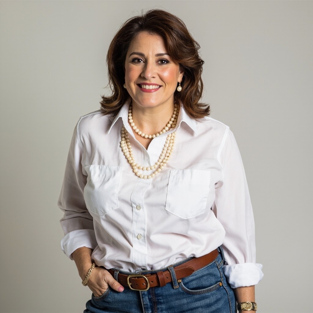 Stylish Middle-aged Woman Wearing Pearls and Gold