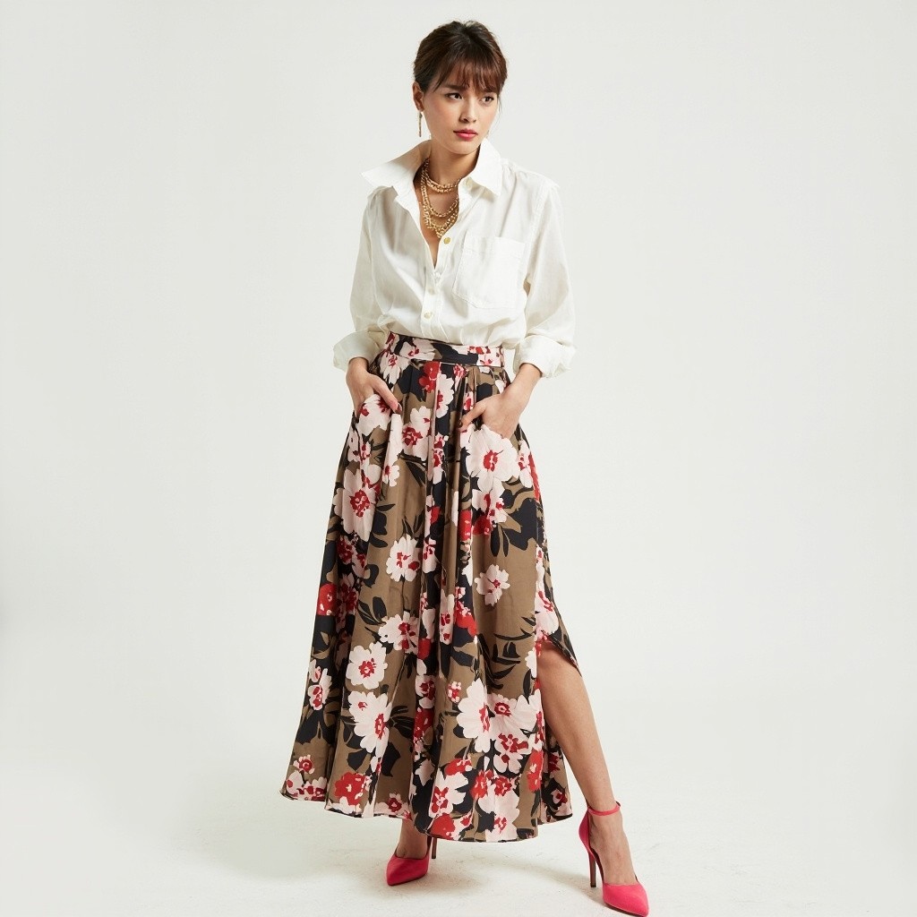 Stylish Middle-aged Woman in Floral Skirt and Chains