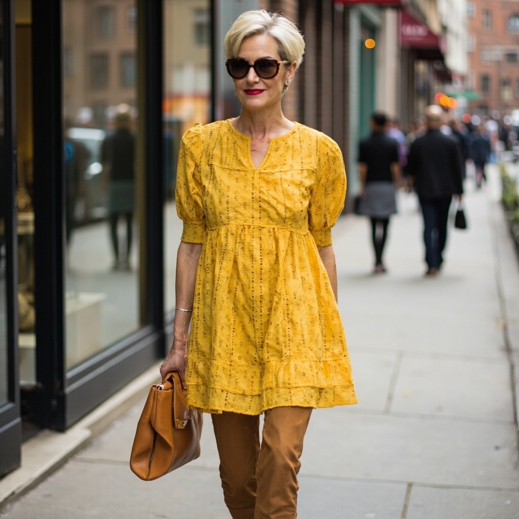 Stylish Middle-aged Woman in Mustard Eyelet Dress