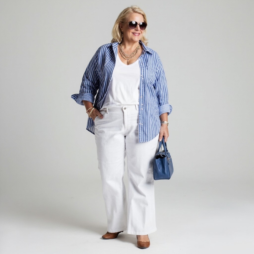 Stylish Plus-Size Woman in High-Waisted Jeans Outfit