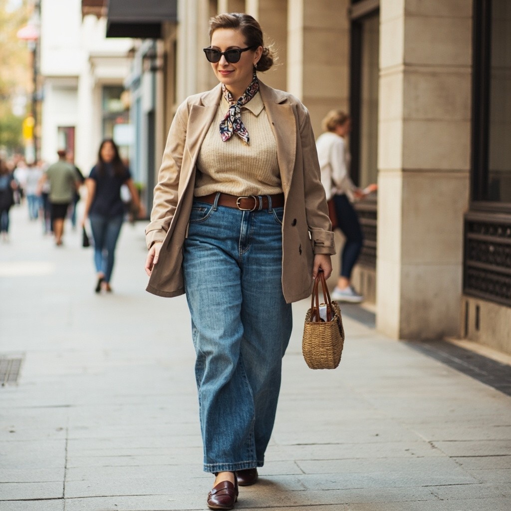 Stylish Plus Size Woman in Tan and Jeans Outfit