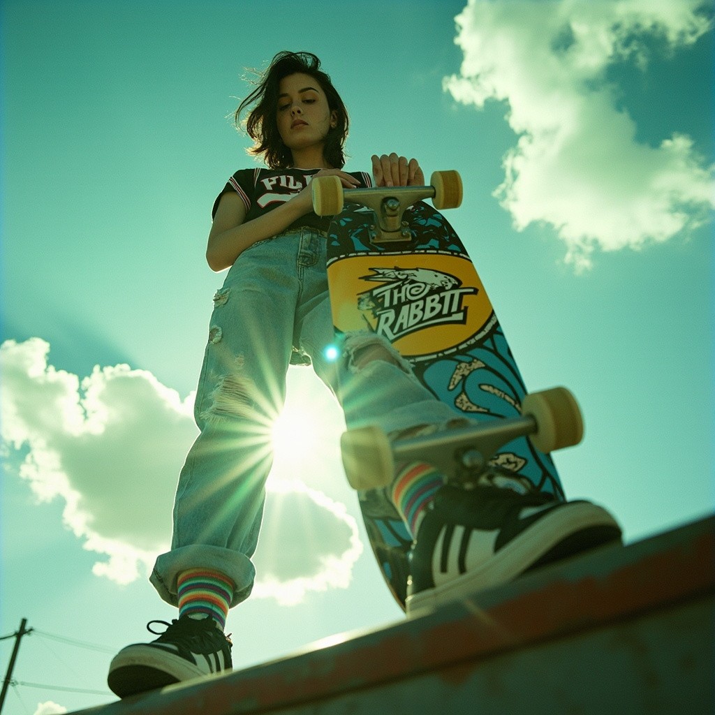 Stylish Skateboarder at Dystopian Park, Low-Angle View