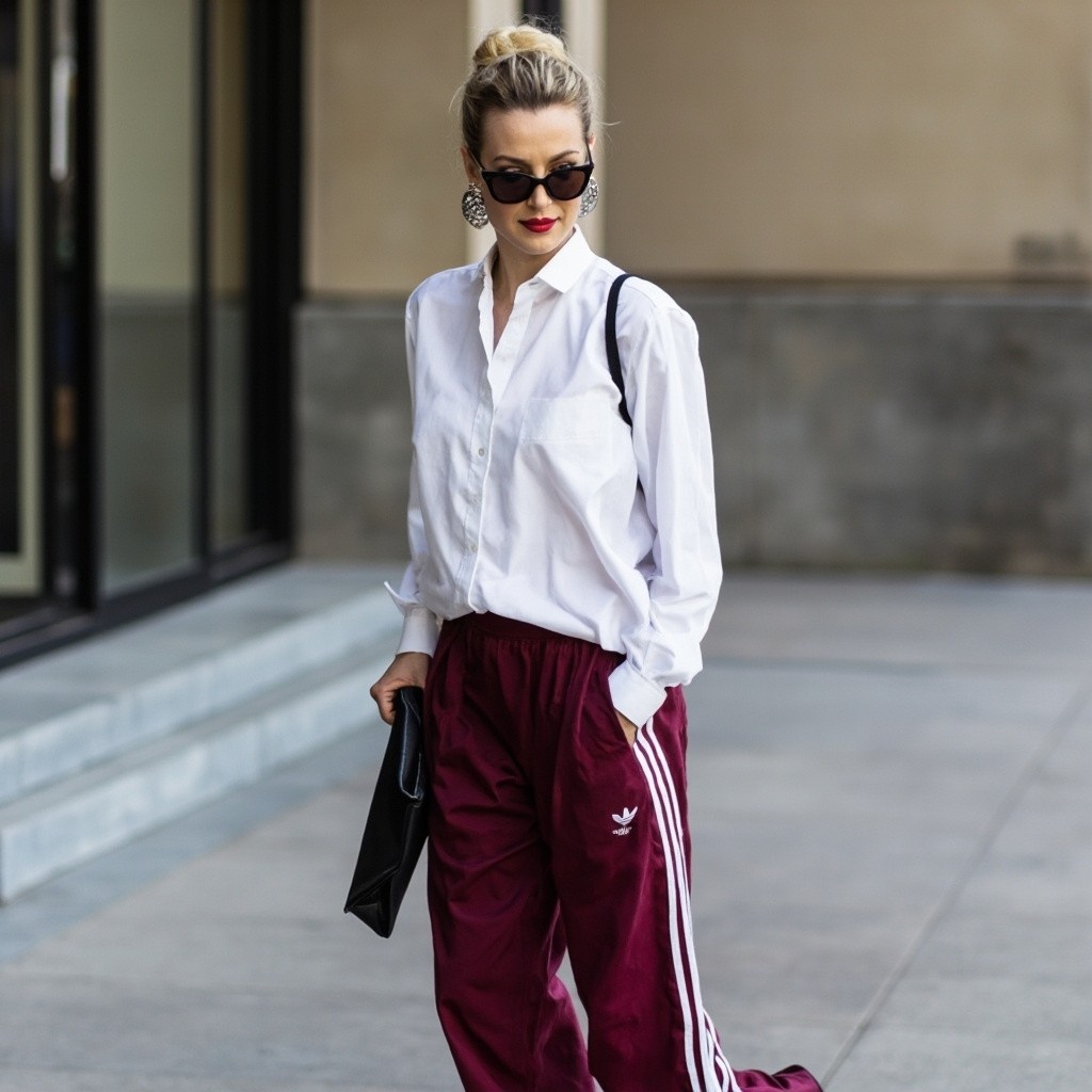 Stylish Woman in Adidas Pants and Pointy-Toe Pumps