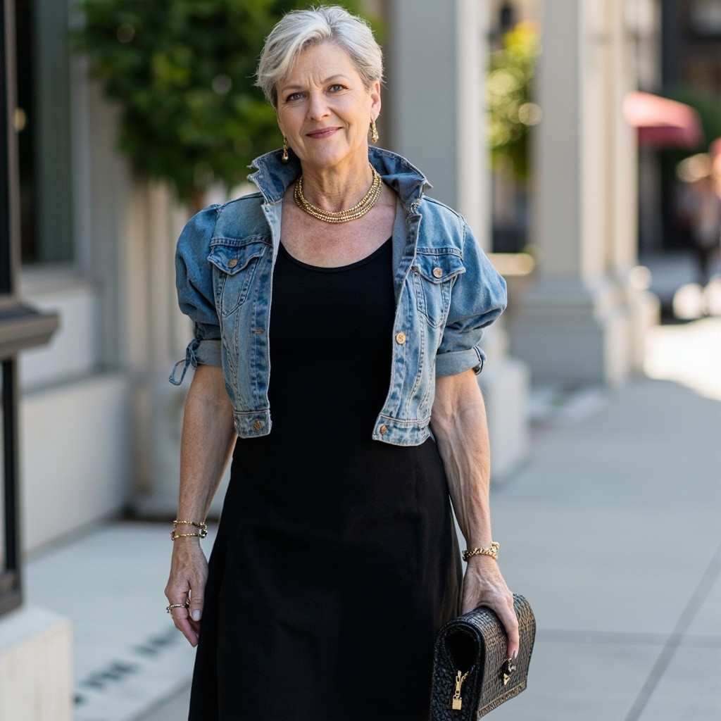 Stylish Woman in Black Dress and Denim Jacket