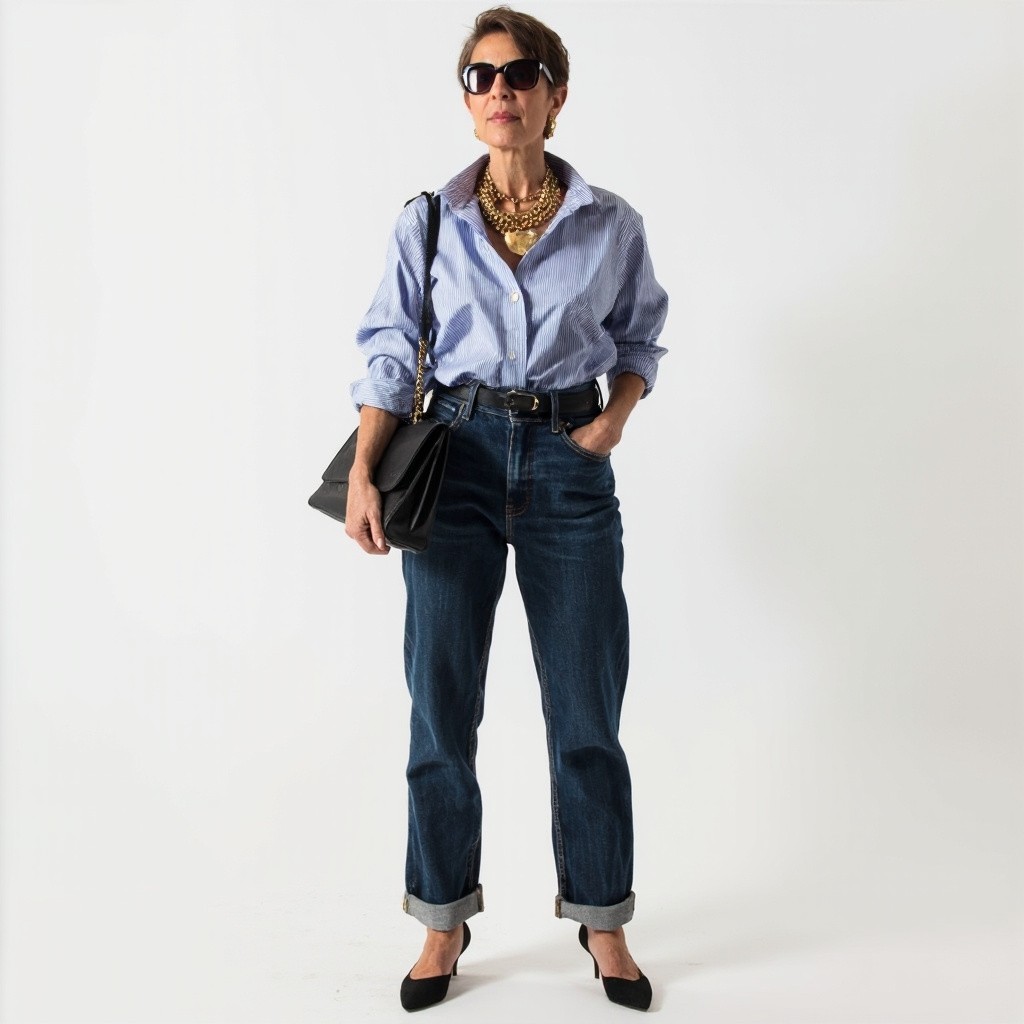 Stylish Woman in Blue Pinstripes and Dark Jeans