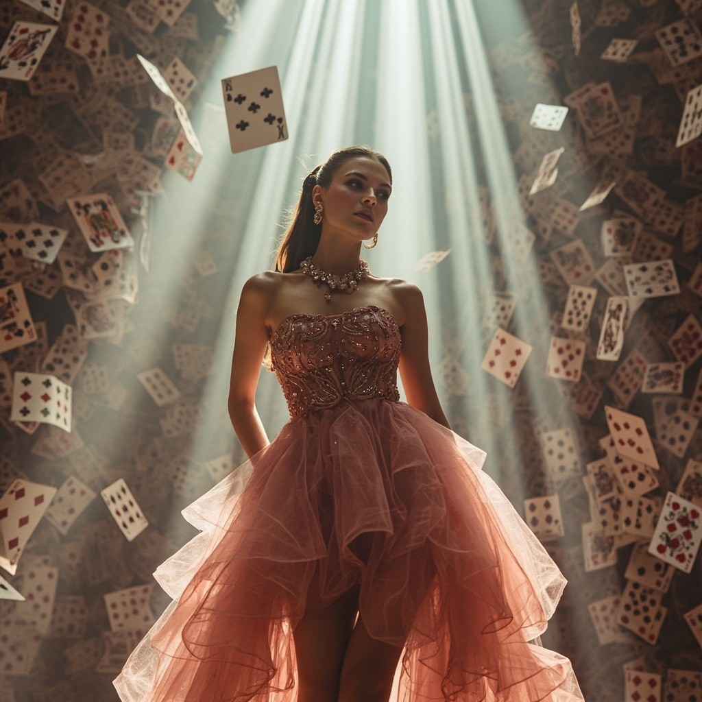 Stylish Woman in Card Tower without Earrings