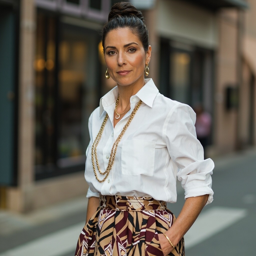 Stylish Woman in Dressy Outfit with Chunky Gold Chains
