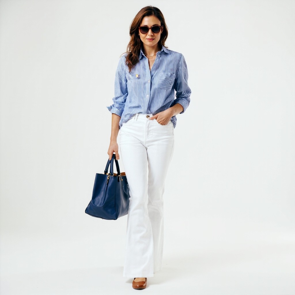 Stylish Woman in Flared Jeans and Striped Shirt