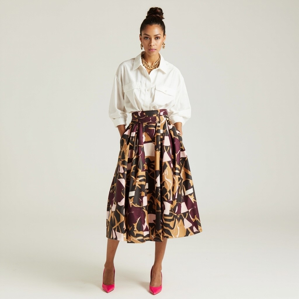 Stylish Woman in Geometric Skirt and Gold Chains