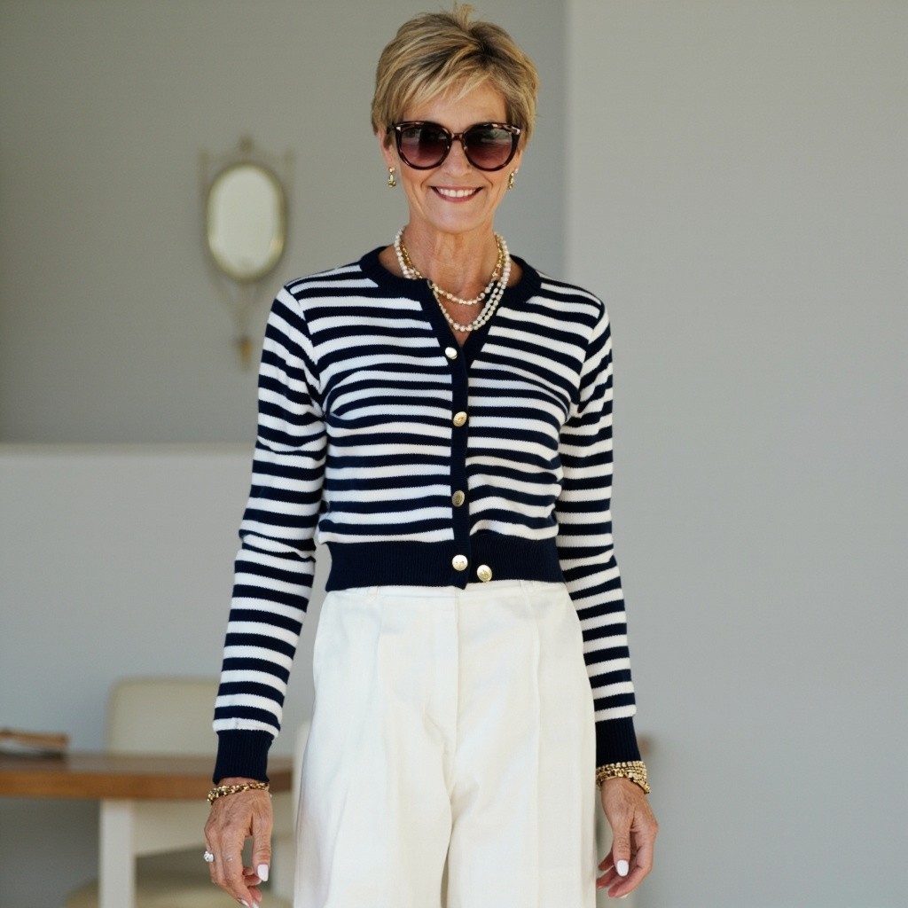 Stylish Woman in Nautical Cardigan and Sunglasses