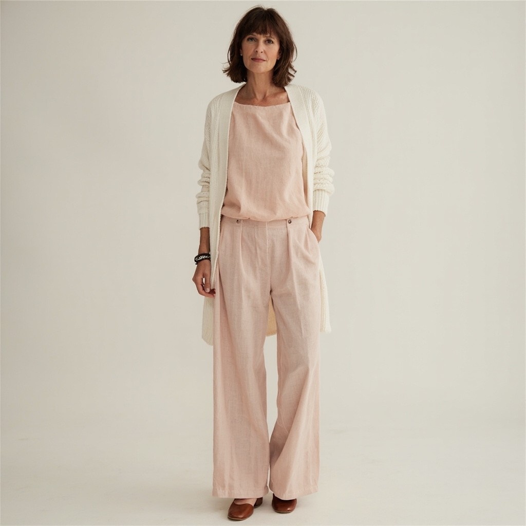 Stylish Woman in Pink Linen Outfit with Bob Haircut