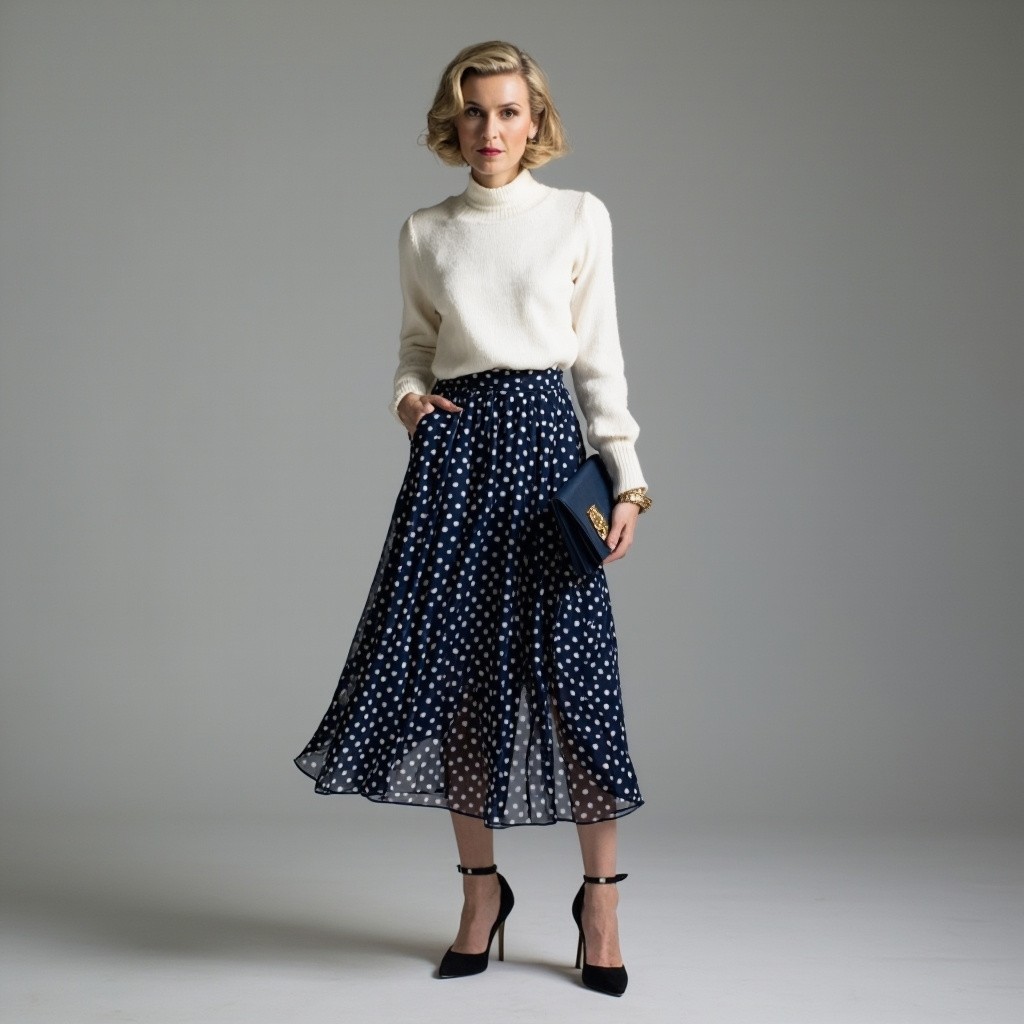 Stylish Woman in Polka Dot Skirt and High Heels