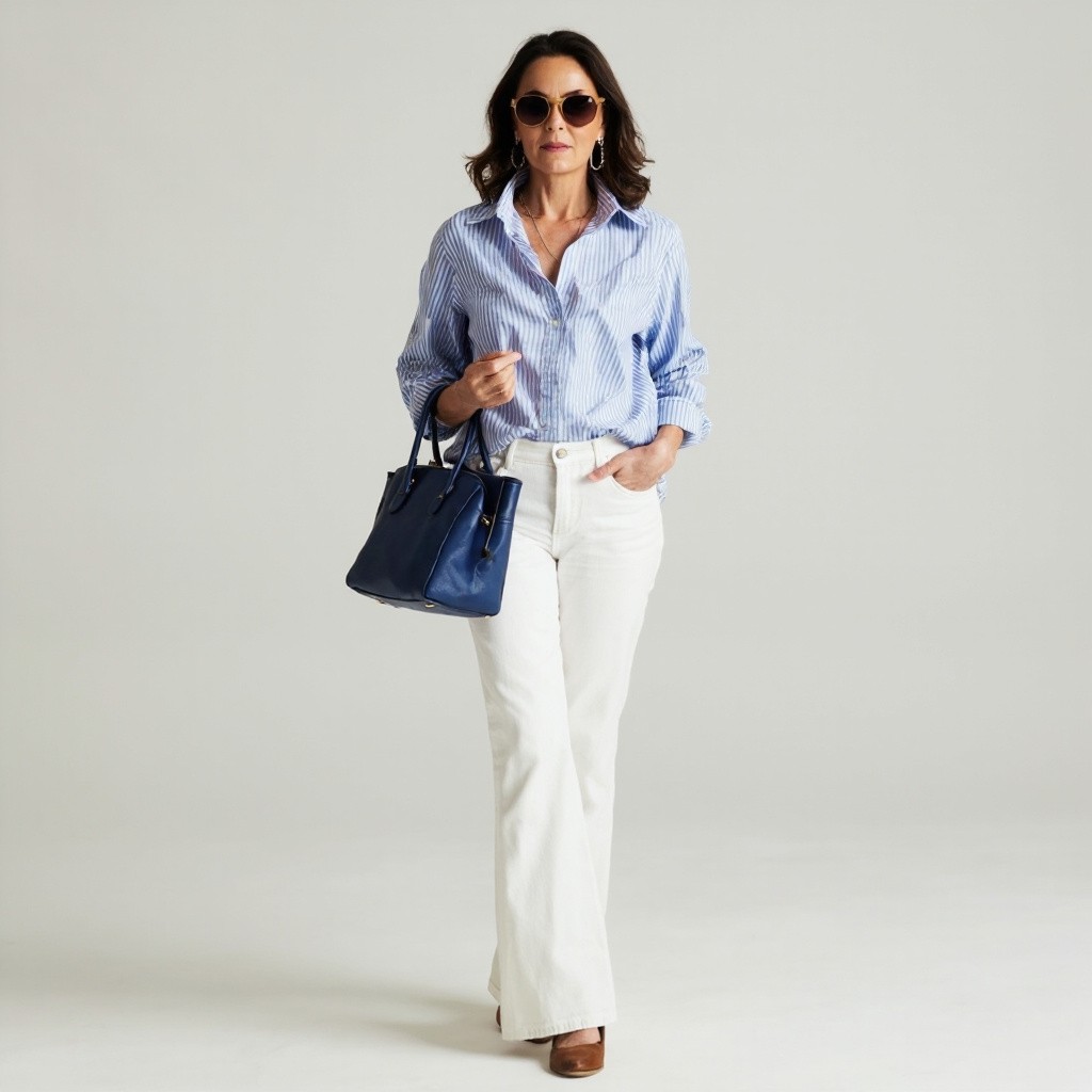 Stylish Woman in Striped Shirt and Flared Jeans