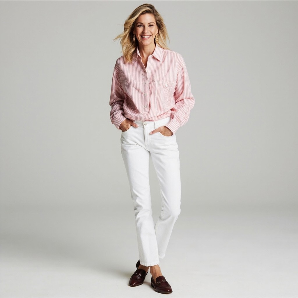 Stylish Woman in Striped Shirt and White Jeans